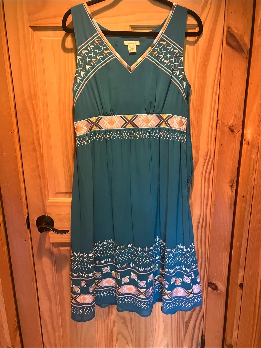 Sundance Teal Sleeveless Midi Dress with Geometric Embroidery